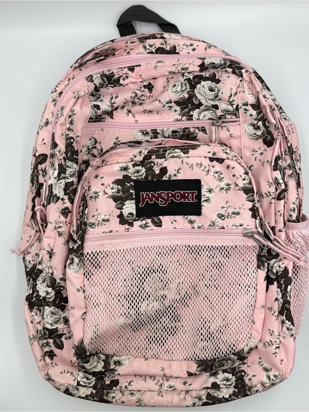 Jansport Pink Floral Print Backpack with Mesh Front Pocket